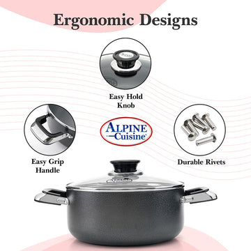 Alpine Cuisine 4 Quart Non-stick Stock Pot with Tempered Glass Lid and  Carrying Handles, Multi-Purpose Cookware Aluminum Dutch Oven for Braising