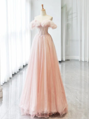 A-Line Sweetheart Neck Off Shoulder Tulle Pink Long Prom Dress - DingJi WeddingDress