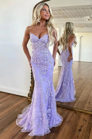 Lilac Mermaid Sweetheart Lace Up Long Tulle Prom Dress with Appliques - DingJi WeddingDress