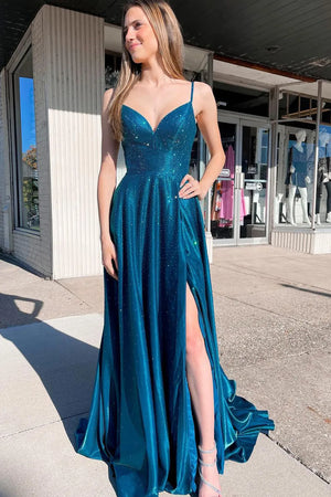 A Line Spaghetti Straps Peacock Blue Long Prom Dress with - DingJi WeddingDress