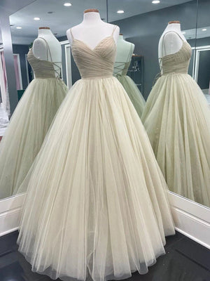 Simple v neck champagne tulle long prom dress - DingJi WeddingDress