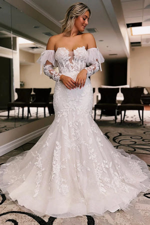 Floral Lace Sweetheart Trumpet Wedding Dress with Detachable Sleeves - DingJi WeddingDress