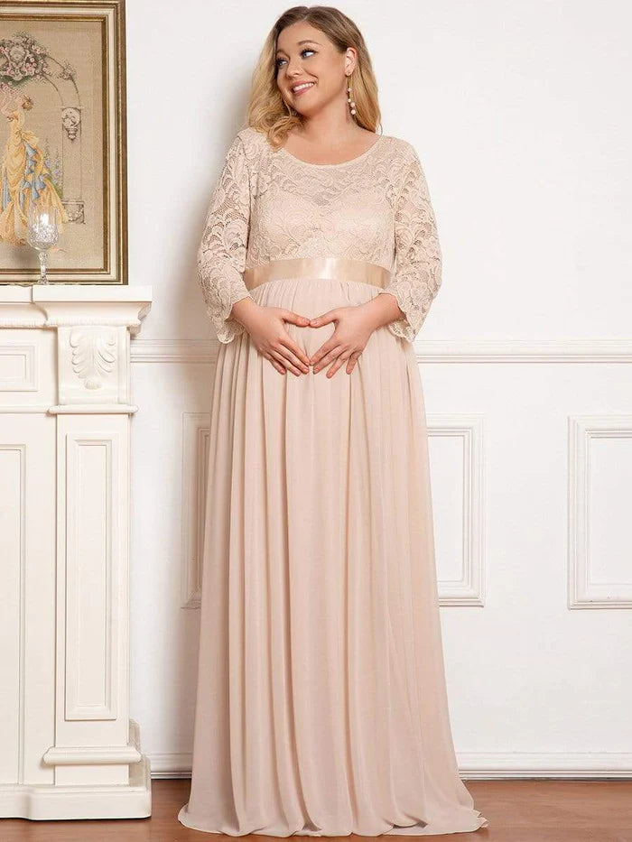 3/4 Sleeve Lace Floor Length Plus Size Maternity Dress