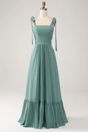 A Line Chiffon Green Long Bridesmaid Dress with Pleated - DingJi WeddingDress