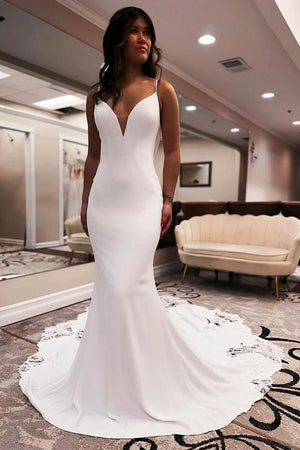 Mermaid V Neck Satin Wedding Dress with Appliques - DingJi WeddingDress