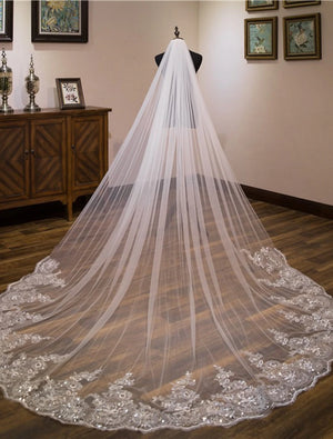 One-tier Cute Wedding Veil Cathedral Veils with Embroidery - DingJi WeddingDress