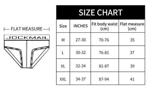 size chart of Jockmail - Sexy Semi Sheer Mens Thongs