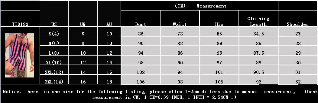 size chart of Retro stripes U-Neck Romper Singlets  - Men's Singlets, Bodysuits, Rompers & Jumpsuits - pridevoyageshop.com