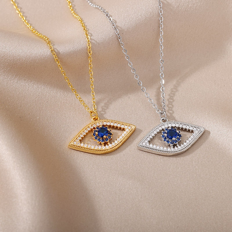 Stainless Steel Gold Color Evil Eye Pendant - WHITE PEARL product image