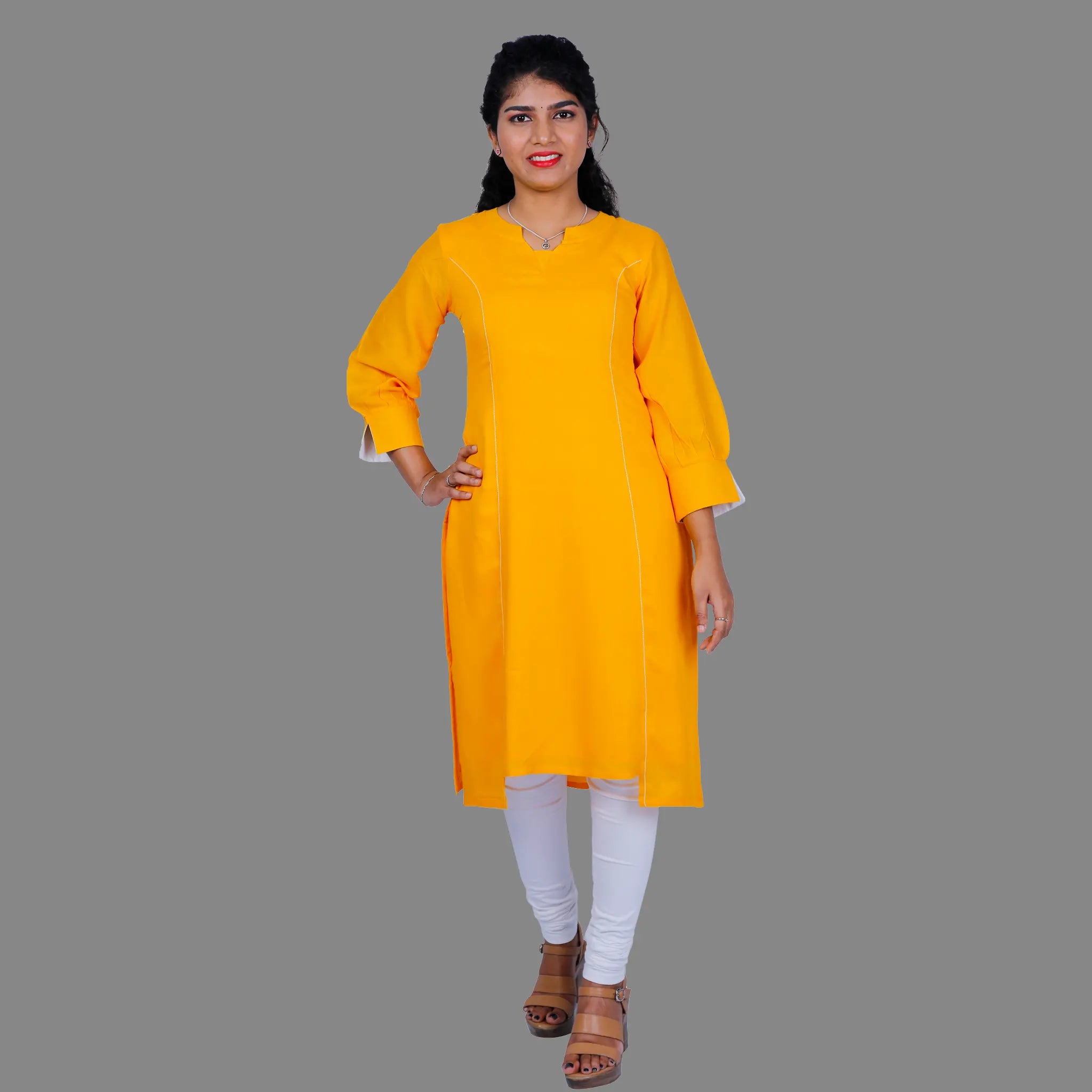 Yellow Faux Georgette Printed Long Kurti 269865