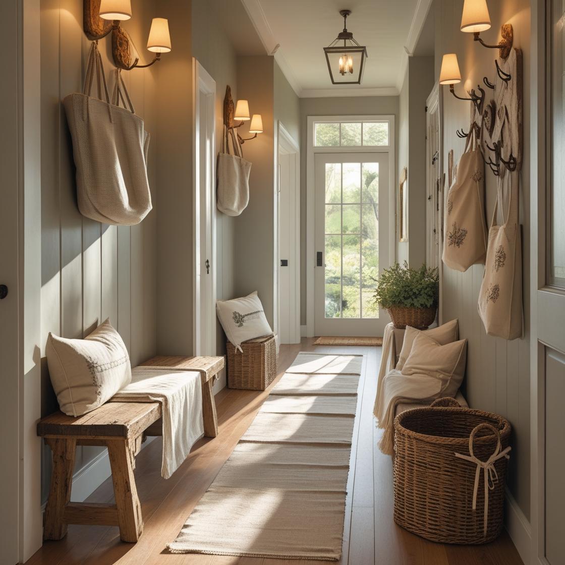 A narrow vintage hallway with an antique wooden cabinet featuring a crackled finish, real brass knobs, and an open lattice door.