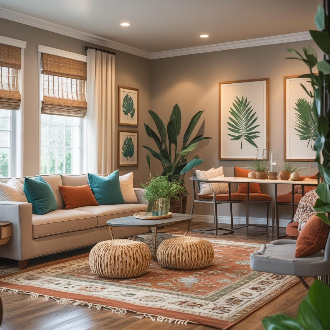 The scene includes a well-balanced mix of furniture and decor — soft lighting, neutral-toned walls, matching textures, and subtle color accents.