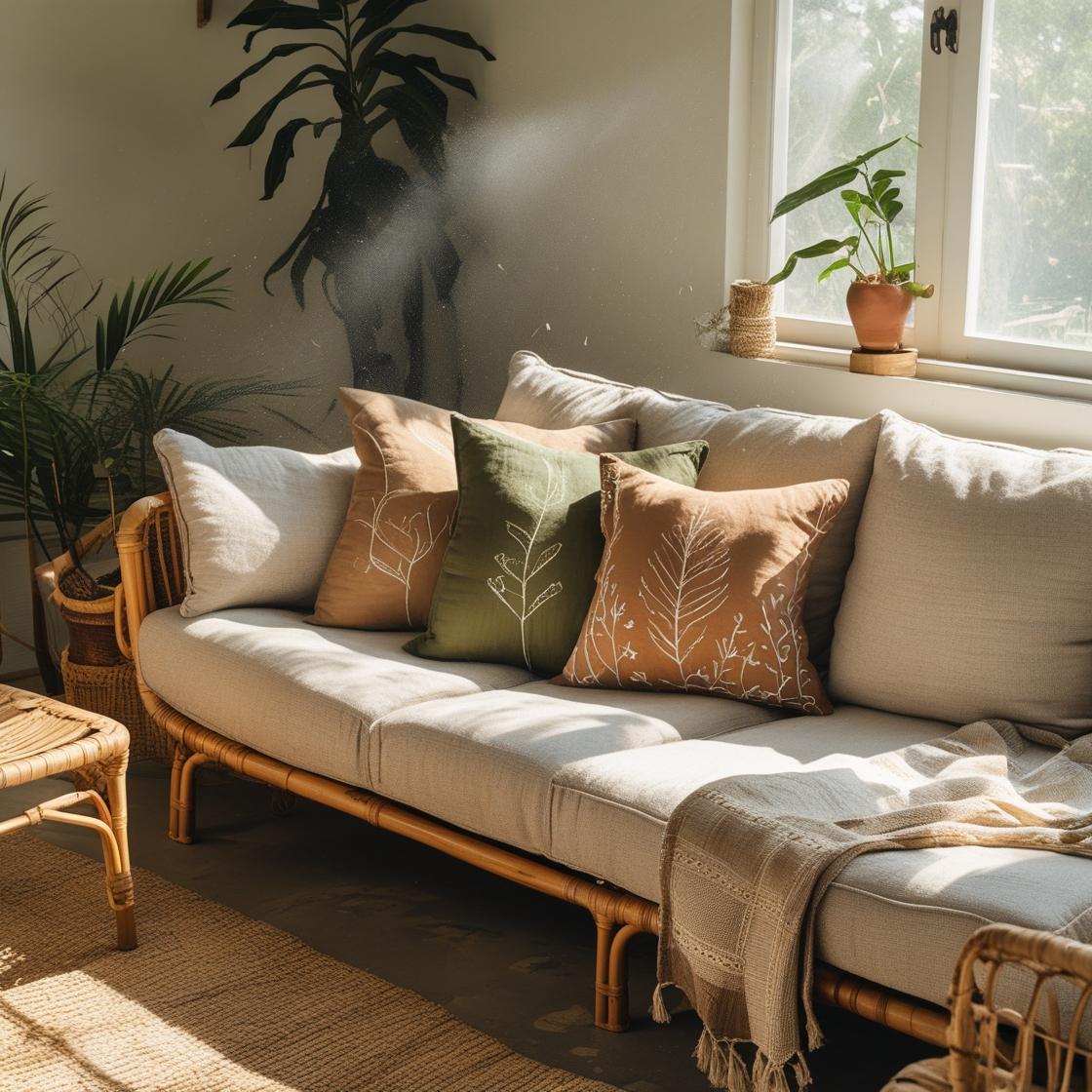 earthy tones pillow like olive green, beige, and soft clay, arranged on a neutral-toned sofa.
