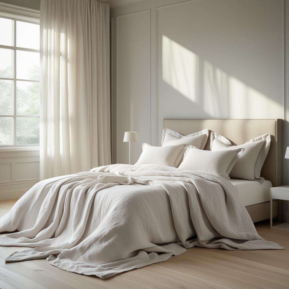 A stylish, modern American bedroom with a clean, minimal aesthetic featuring oversized pillowcases in soft, luxurious fabrics—linen or cotton—draped elegantly on a spacious bed.