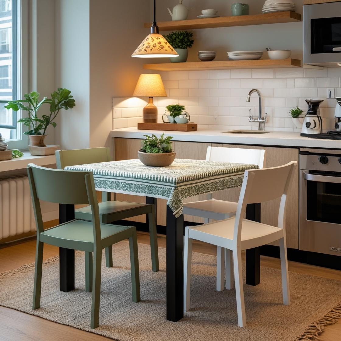 Four chairs are neatly stacked to one side to show versatility. The setup sits on a neutral jute rug with a cozy pendant light overhead
