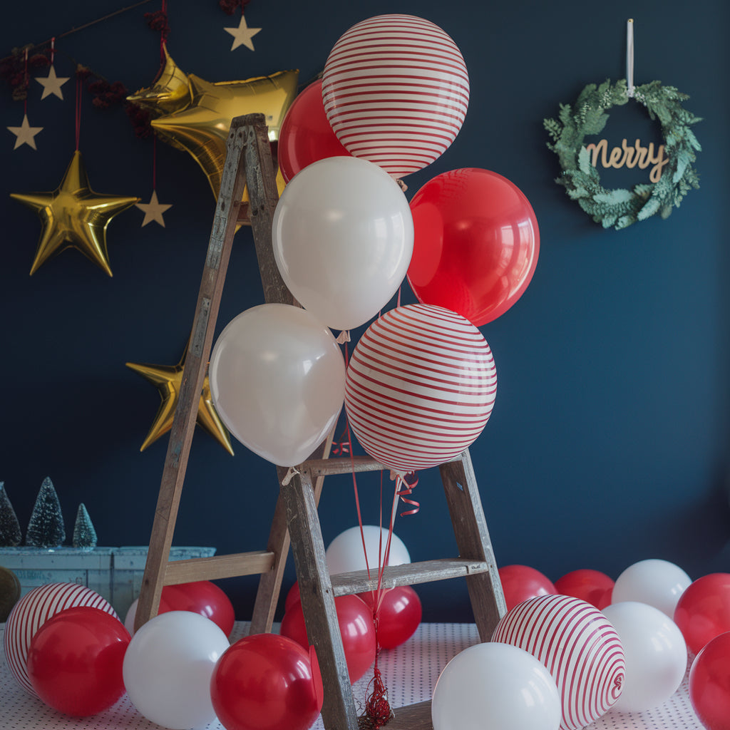 A photo of a festive home decor setup with balloons. There are red and white striped balloons tied to a rustic wooden ladder. The balloons are placed in front of a dark blue wall. There are also golden stars and a wreath with the word "Merry" hanging on the wall.