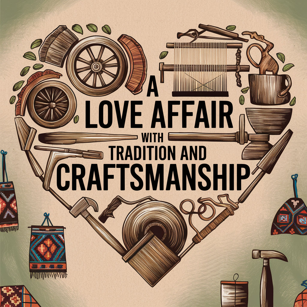 A block print illustration of a heart with the text "A Love Affair with Tradition and Craftsmanship". The heart is made of various traditional and handmade items such as a spinning wheel, a loom, a potter's wheel, and a hammer.
