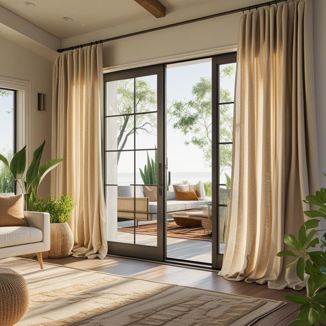 stylish American living room showcasing innovative curtain use—layered linen curtains in soft natural tones.