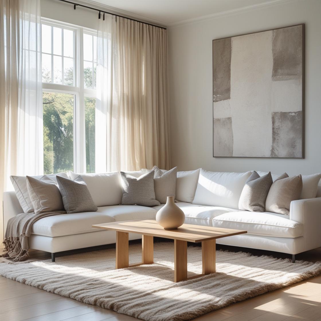 A modern, minimalist living room in the USA featuring a clean-lined beige or charcoal sofa with pops of color from vintage floral throw pillow covers.