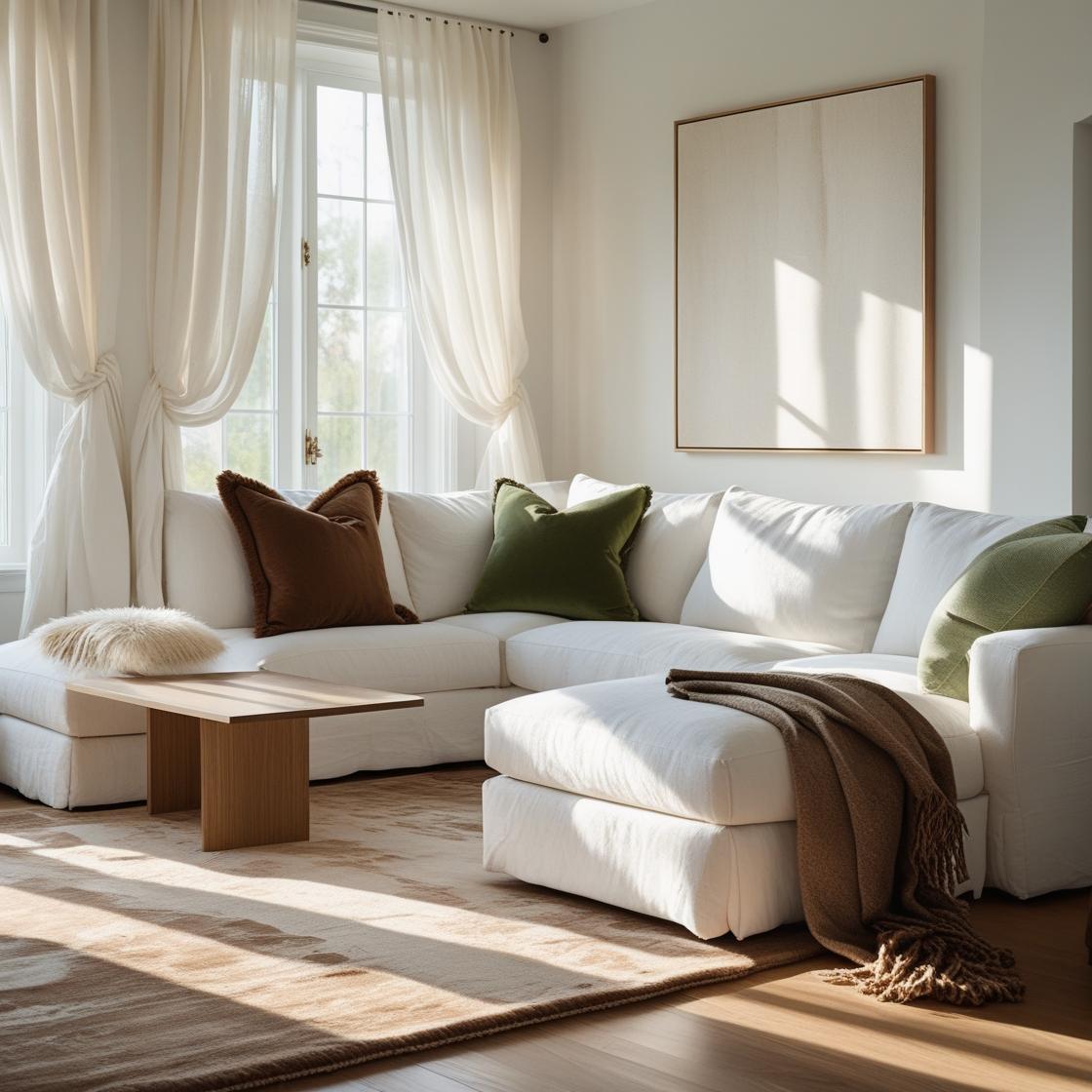 cotton printed ottoman, block-printed throw pillows, and a minimal wooden coffee table.