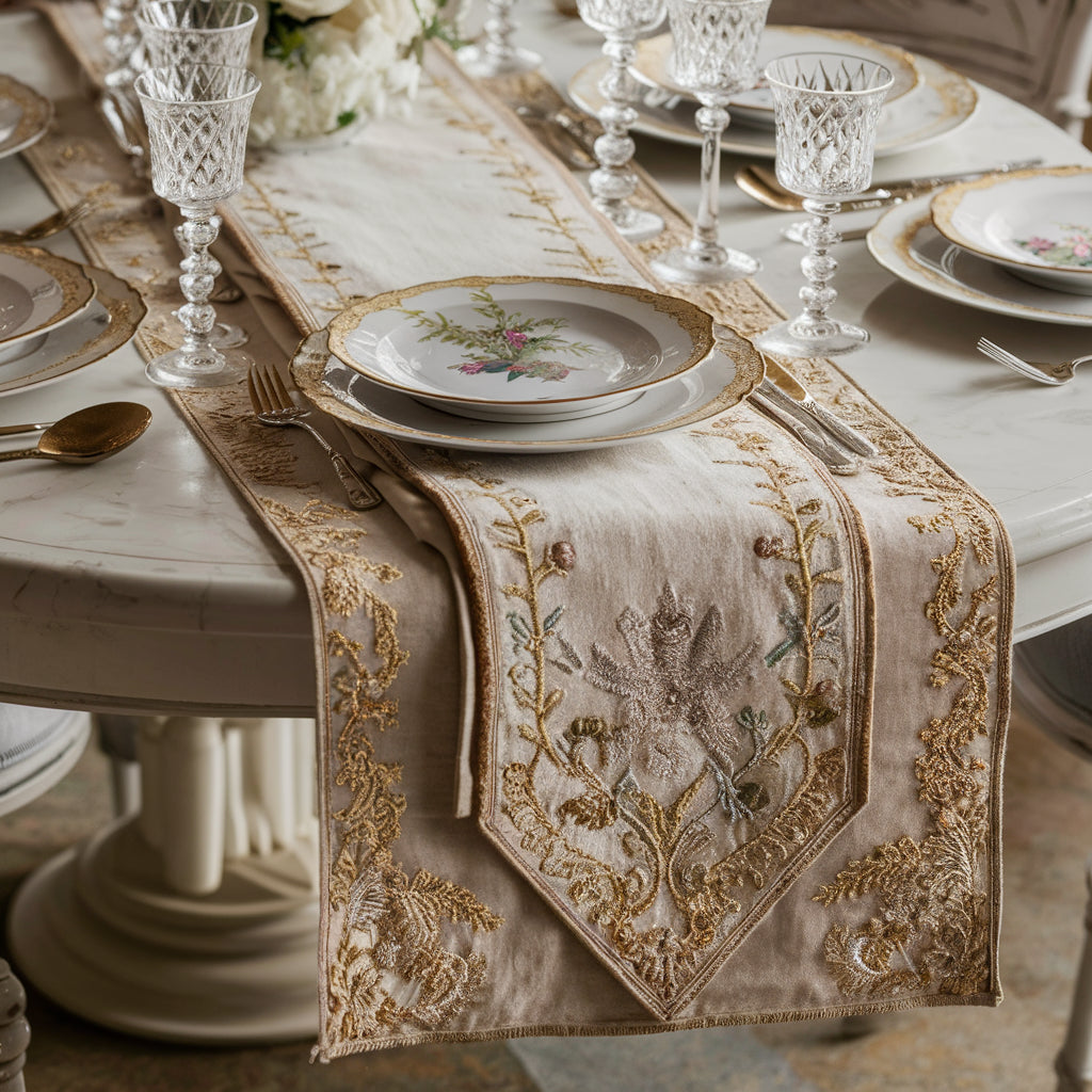 A luxurious dining experience showcasing timeless elegance through exquisite table runners. The table is elegantly set with fine china, polished silverware, and crystal glassware.