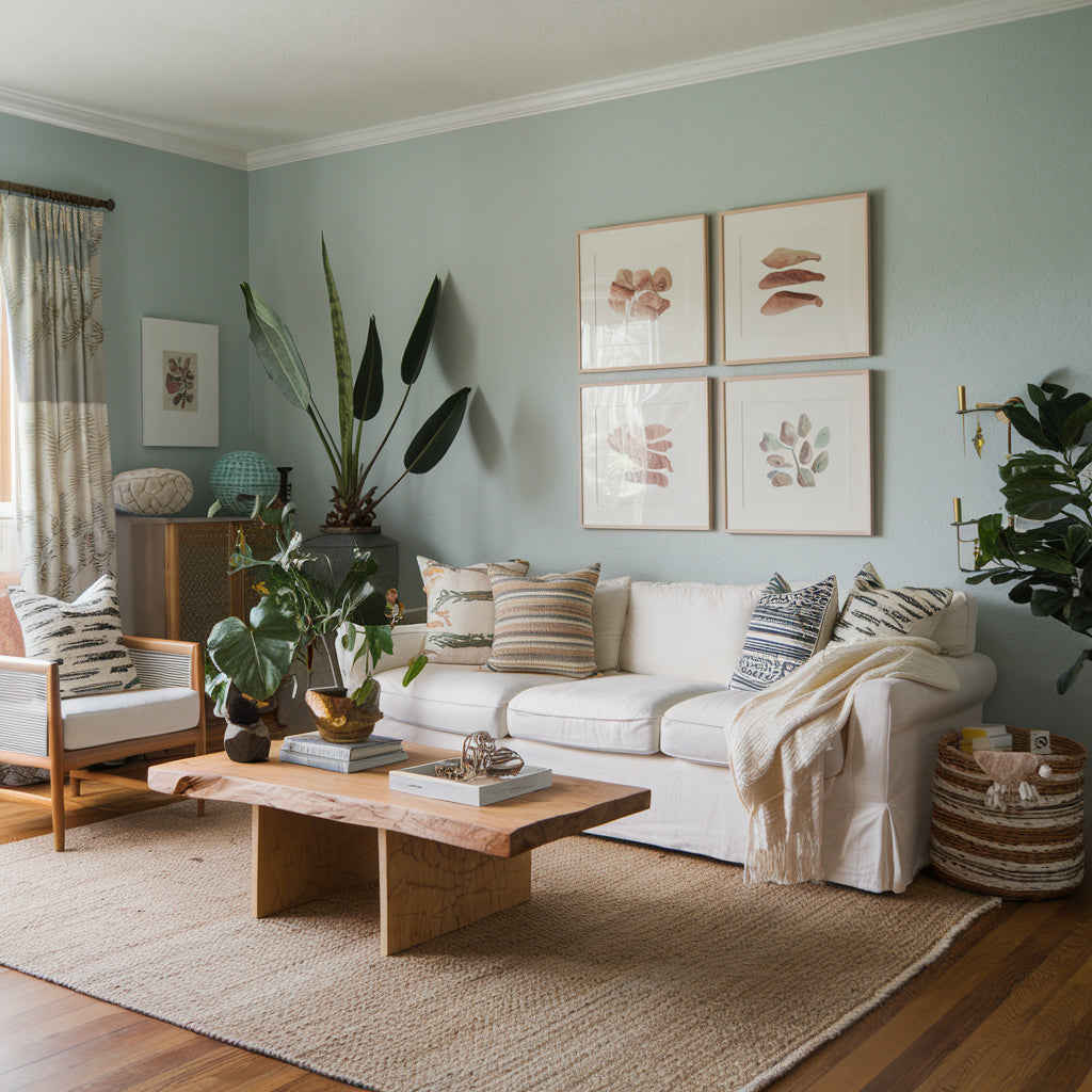 A blend between seaside casual and bohemian home decor in Los Angeles. The room has a white couch, a beige rug, and a wooden coffee table. There are also a few decorations, including a large plant, a few smaller plants, a few books, and a few decorative items