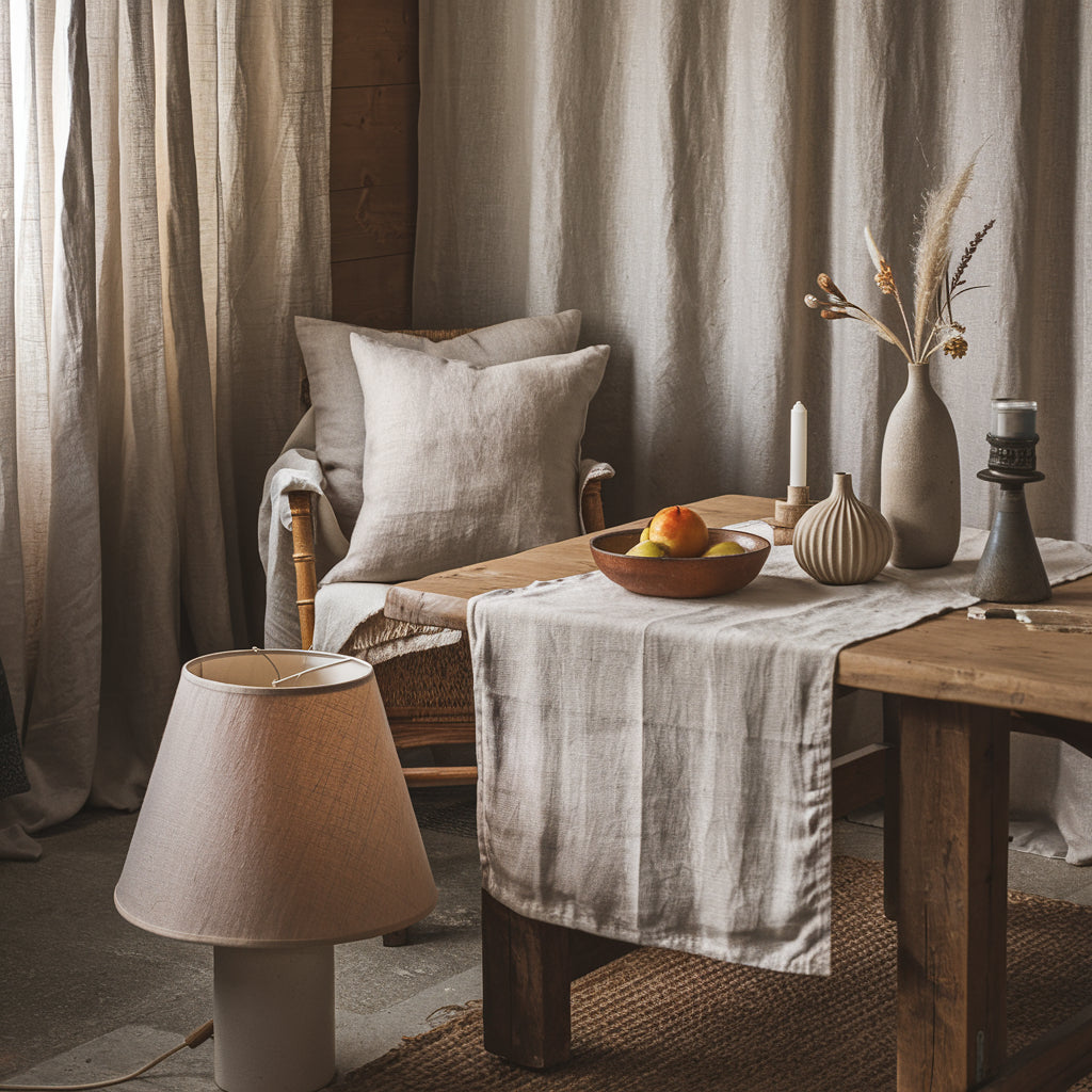 A photo of a home decor setup where linen shines. There's a table runner on a wooden table. On the table, there are a few decorative items, including a vase, a bowl of fruit, and a candle. Pillows with linen covers are placed on a chair. The walls have curtains made of linen.