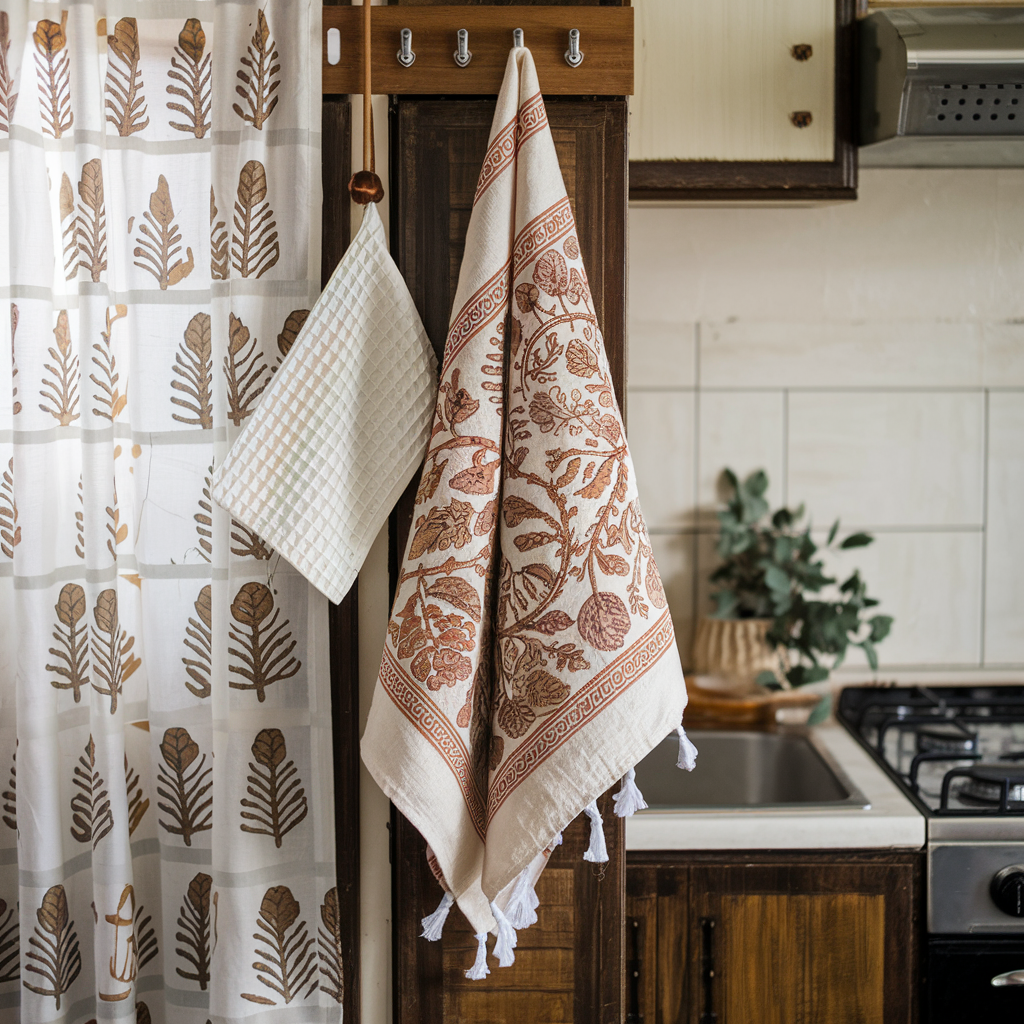 A photo of a handwoven linen towel with an intricate floral block print in earthy tones hanging in a kitchen. The towel is placed on a wooden rack near a printed window curtain.