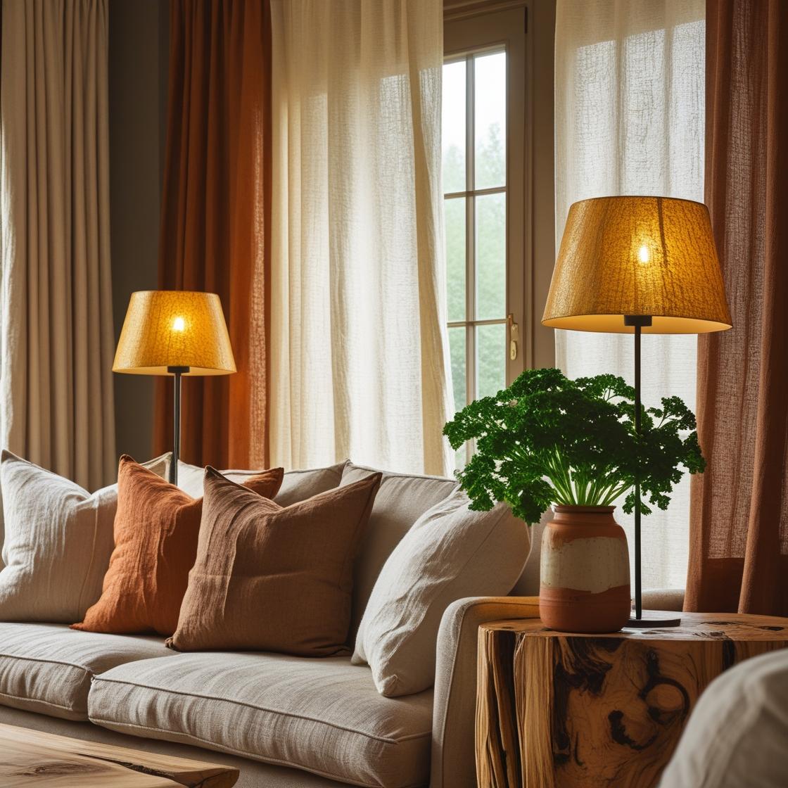 A stylish living room painted in clay taupe, with warm undertones resembling a latte on a rainy day. The space features earth-colored pillowcases, linen curtains in ivory and rust.
