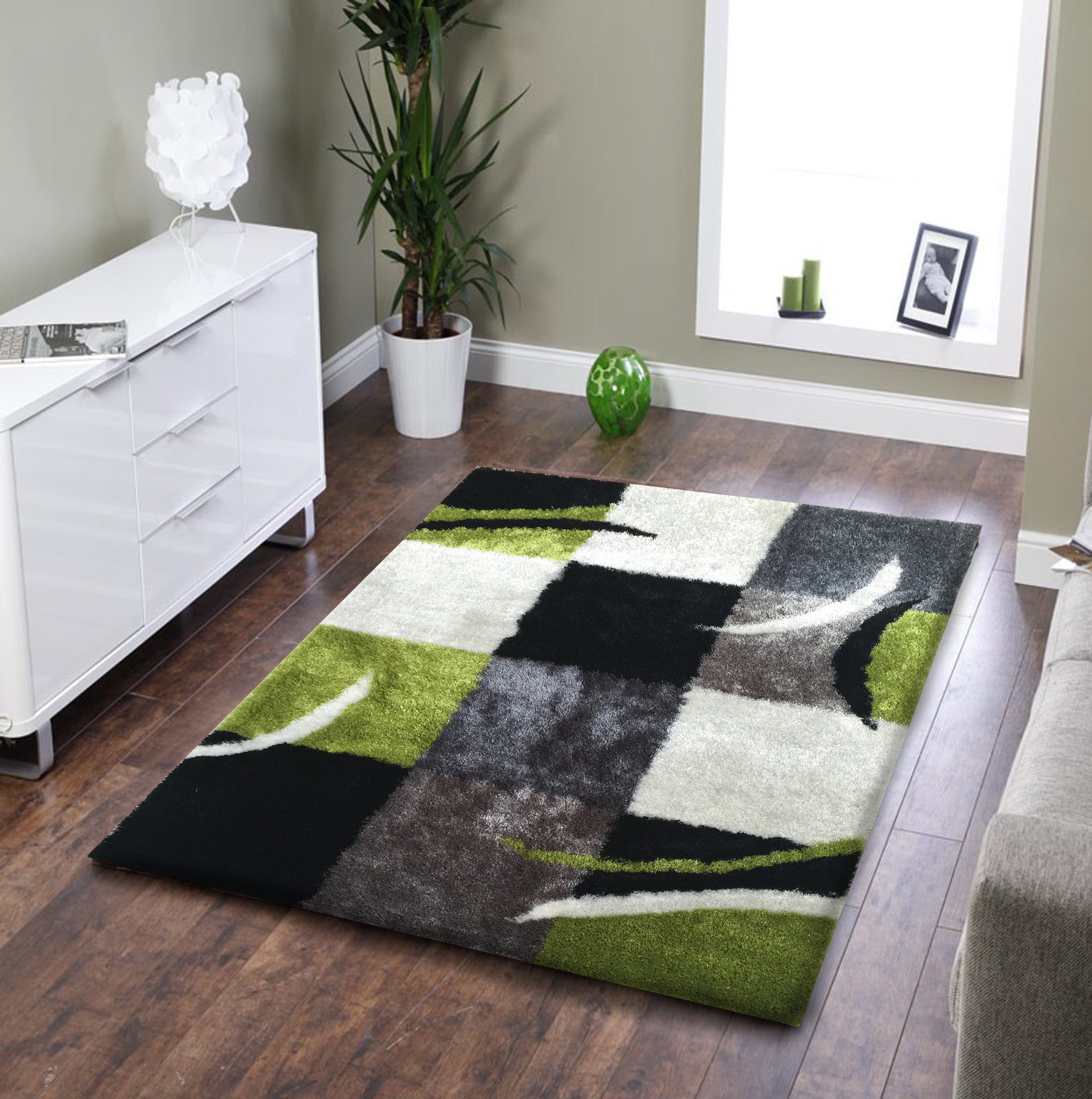 Soft Indoor Bedroom Shag Area Rug Black with Grey and Green Rug