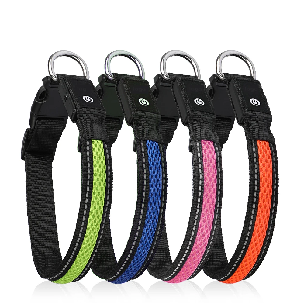 Différents coloris de notre collier en nylon avec lumière Led pour chien