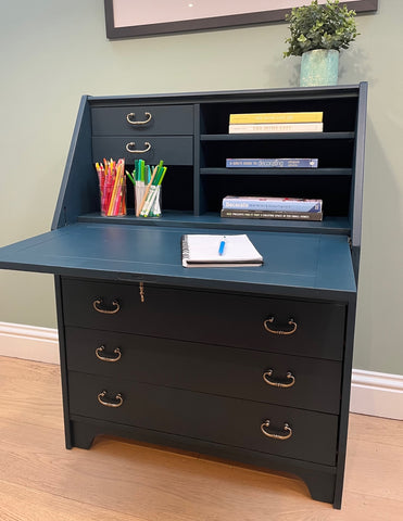 Blue desk painted with Frenchic After Midnight