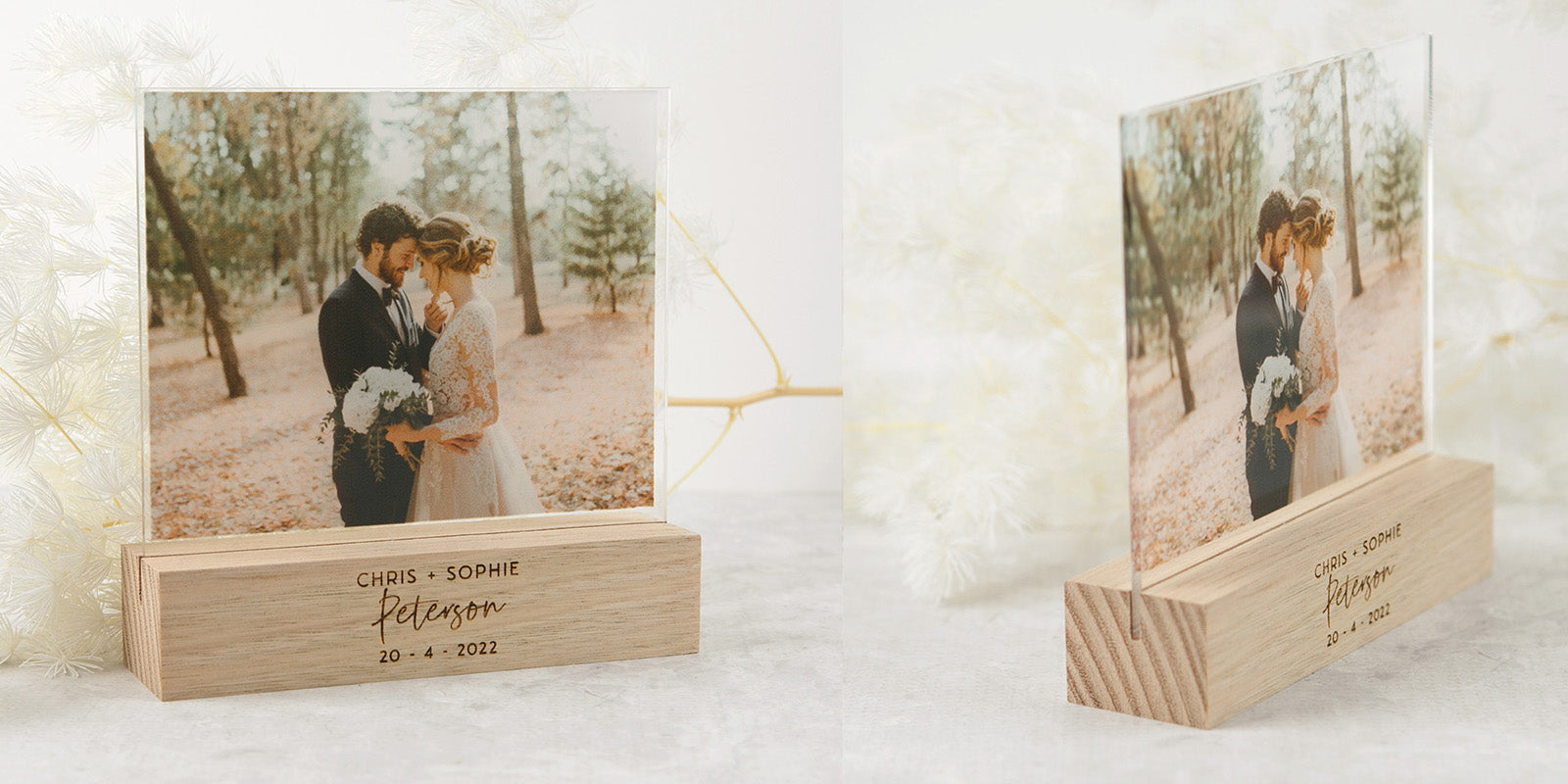 Acrylic Wedding Photo Print with Engraved Wooden Base