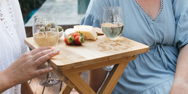 Engraved Bamboo Picnic Table with Engraved Wine Glasses