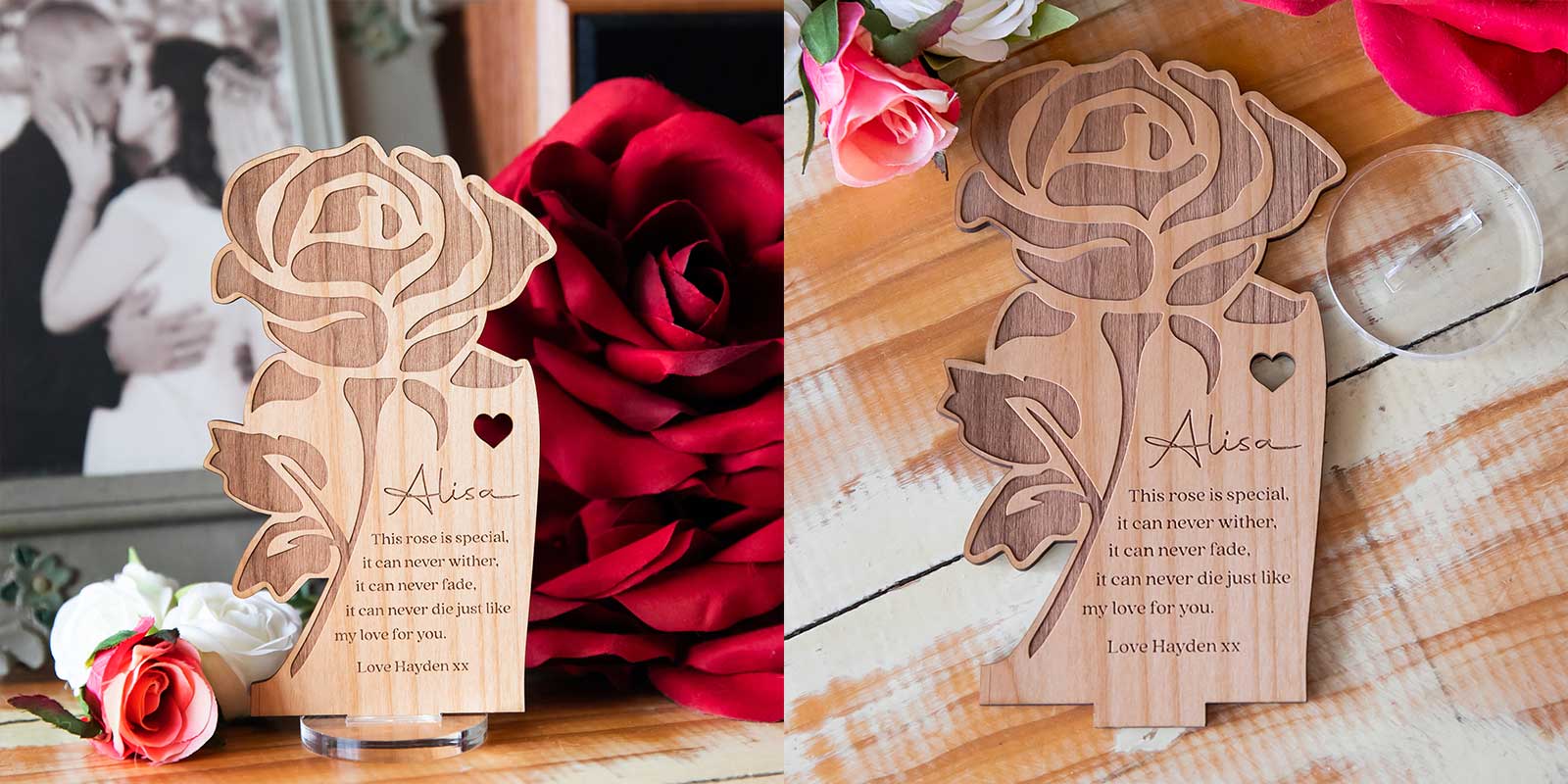 Engraved Wooden Rose with Clear Acrylic Stand