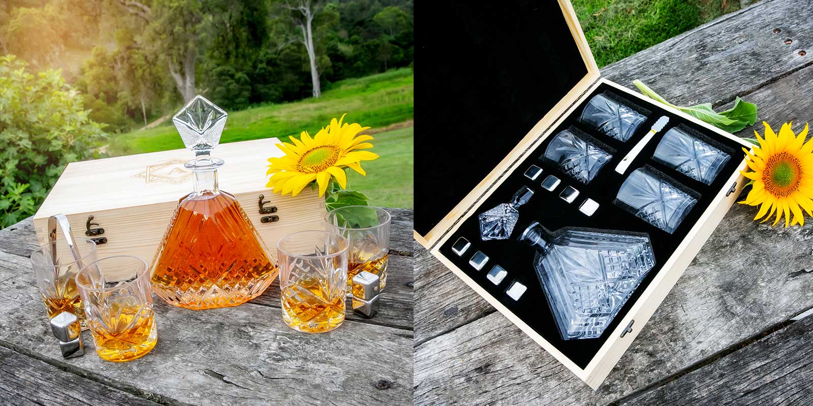 Engraved Wooden Gift Boxed Crystal Cut Premium Decanter, Scotch Glasses and Whiskey Stone Set