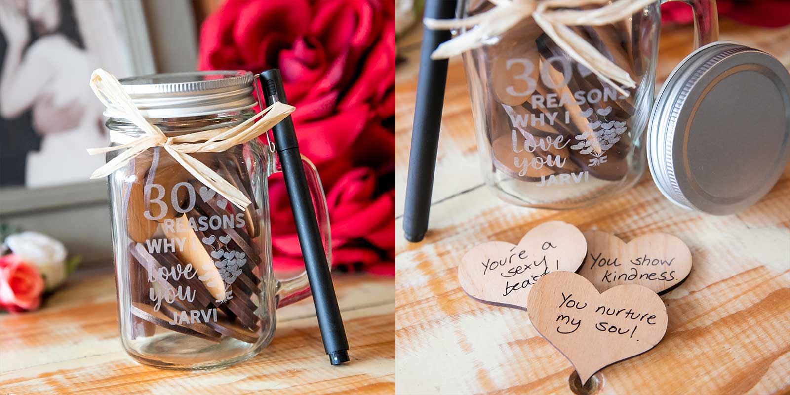 30 Reasons Why I Love you' Engraved Mason Jar with Wooden Hearts
