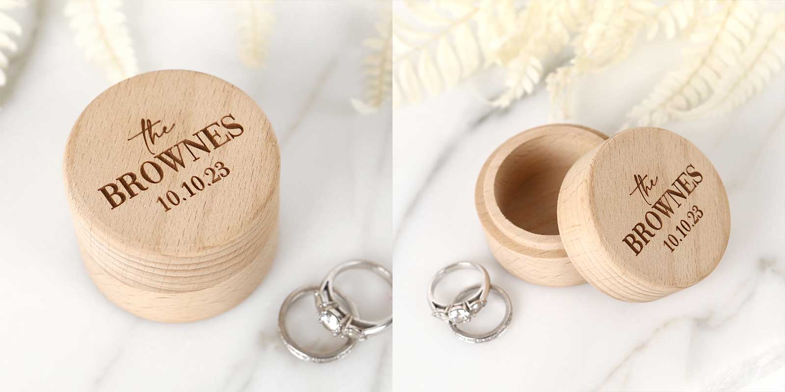 Engraved Round Wooden Ring Box
