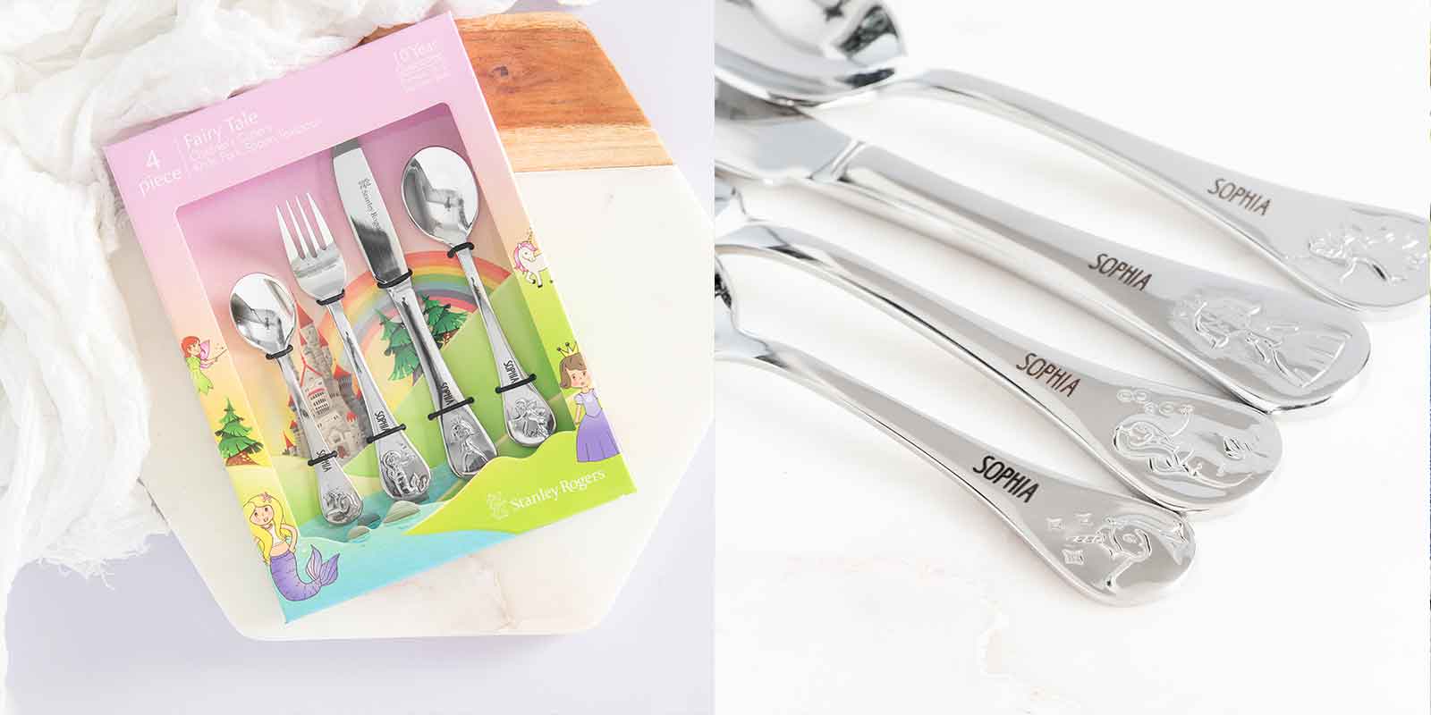 Engraved Stainless Steel Children's Cutlery 4 Piece Set Fairy Tale