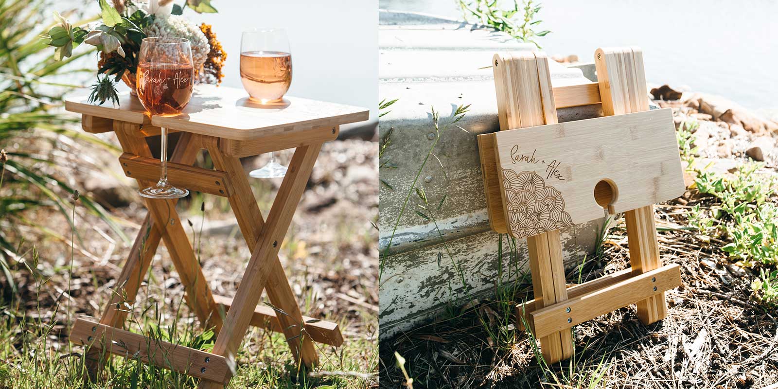 Bamboo Picnic Table with two Wine Glasses