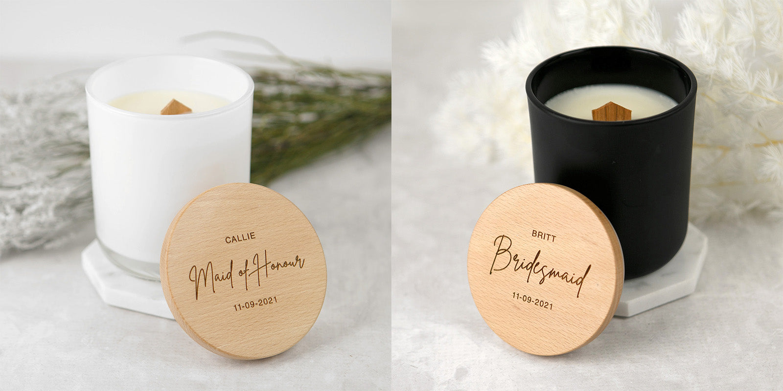 Engraved wood wick soy candle