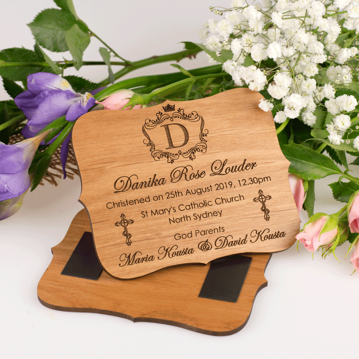 engraved wooden christening plaque