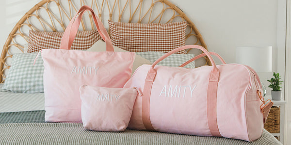 Embroidered Blush Pink Canvas 3 Piece Travel Bag Set