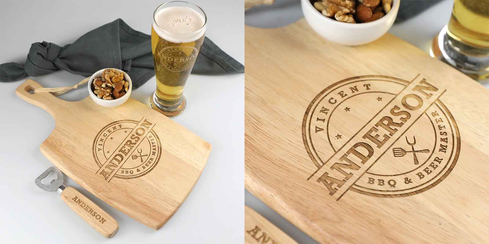 Father's Day BBQ Master Hamper - Engraved Wooden Paddle Board, Wooden Bottle Opener and 425ml Beer Glass