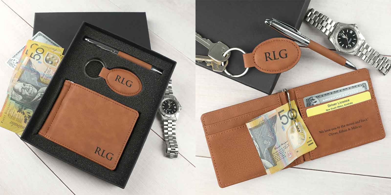 Father's Day Engraved Tan Leatherette Wallet, Keyring and Pen Set