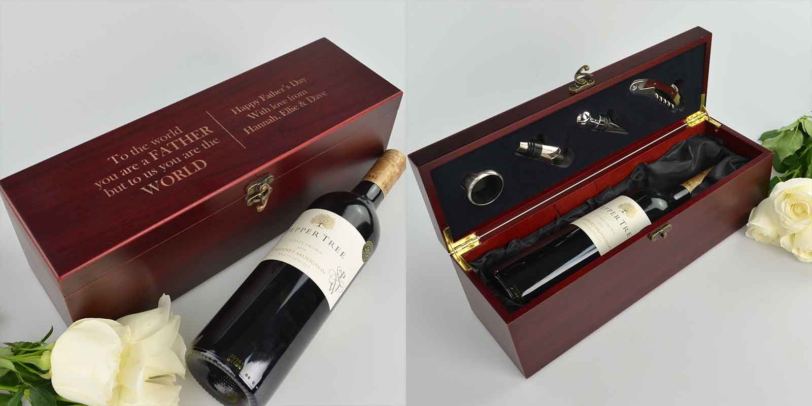 Engraved Father's Day Wooden Stained Wine Box Set