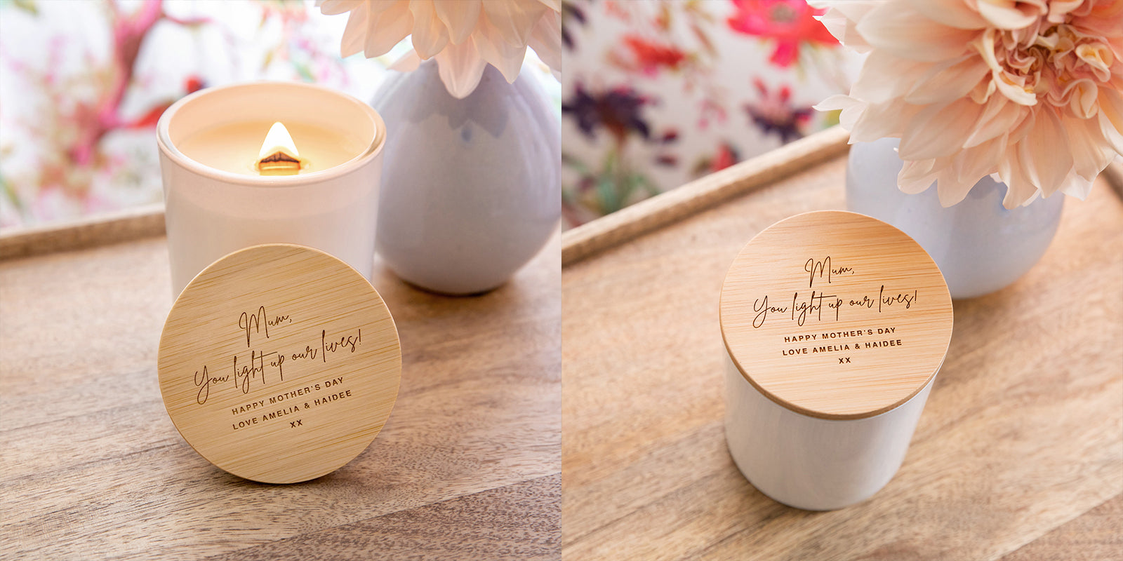 Engraved Mother's Day White Wood Wick Soy Candle with Wooden Lid