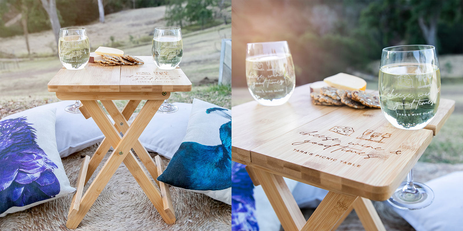 Engraved Mother's Day Bamboo Picnic Table with Engraved Wine Glasses