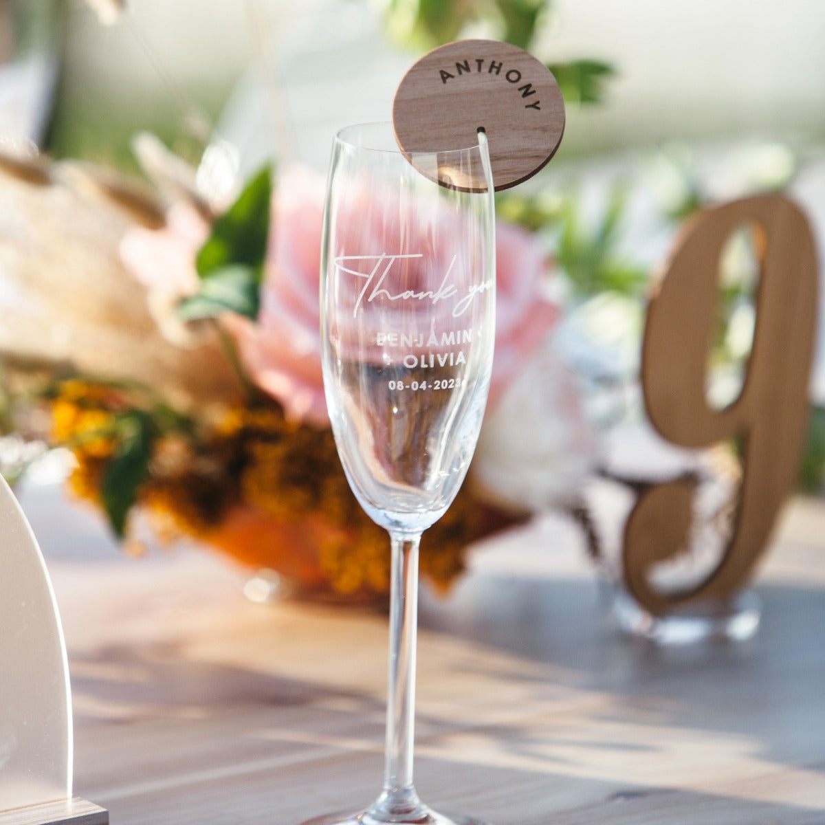 wooden place card glassware