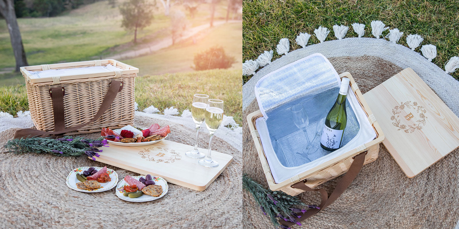 Rectangle Cooler Picnic Basket with Engraved Wooden Lid